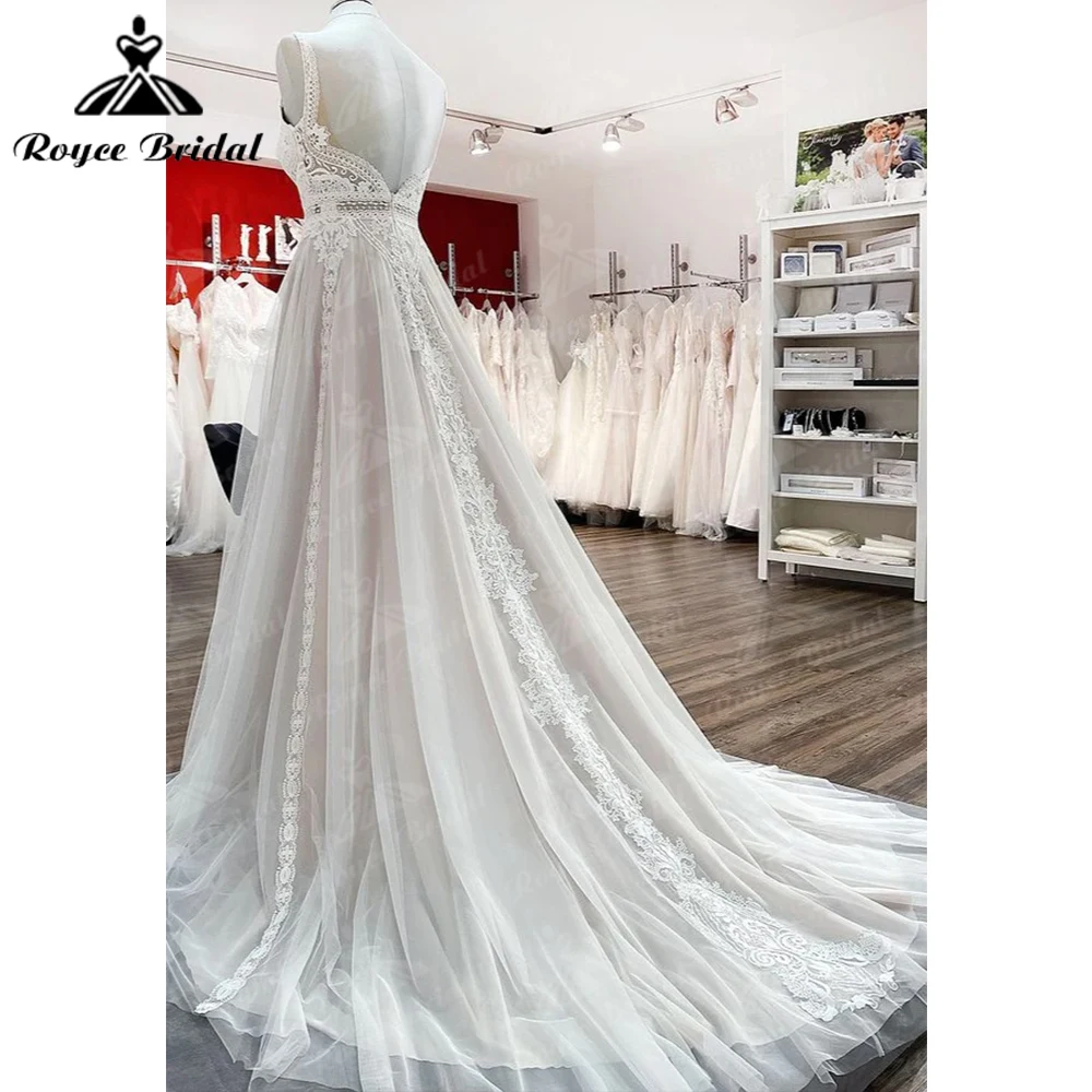 Spaghetti Strap Simply Long A-line Tulle Lace Wedding Dress Open Back Sleeveless Floor-length Appliques Bride Dress Ruffles