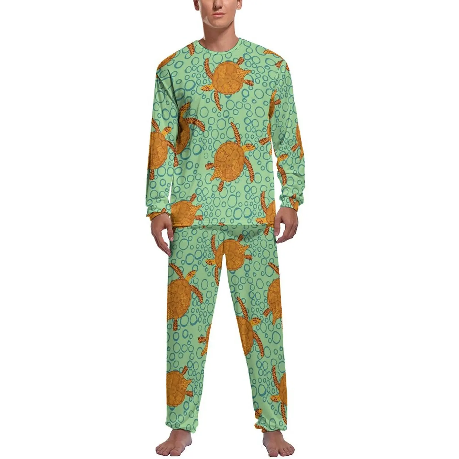 

Sea Turtle Print Pajamas Men Vintage Style Warm Sleepwear Autumn Long Sleeves 2 Pieces Room Graphic Pajama Sets