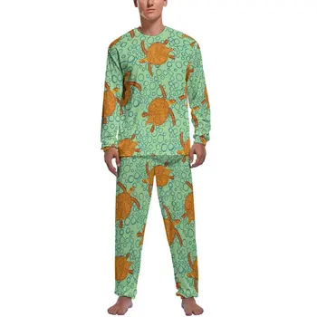 Piżama z nadrukiem żółwia morskiego Męska ciepła bielizna nocna w stylu vintage Jesienne długi rękaw 2-częściowe zestawy piżam z grafiką pokojową