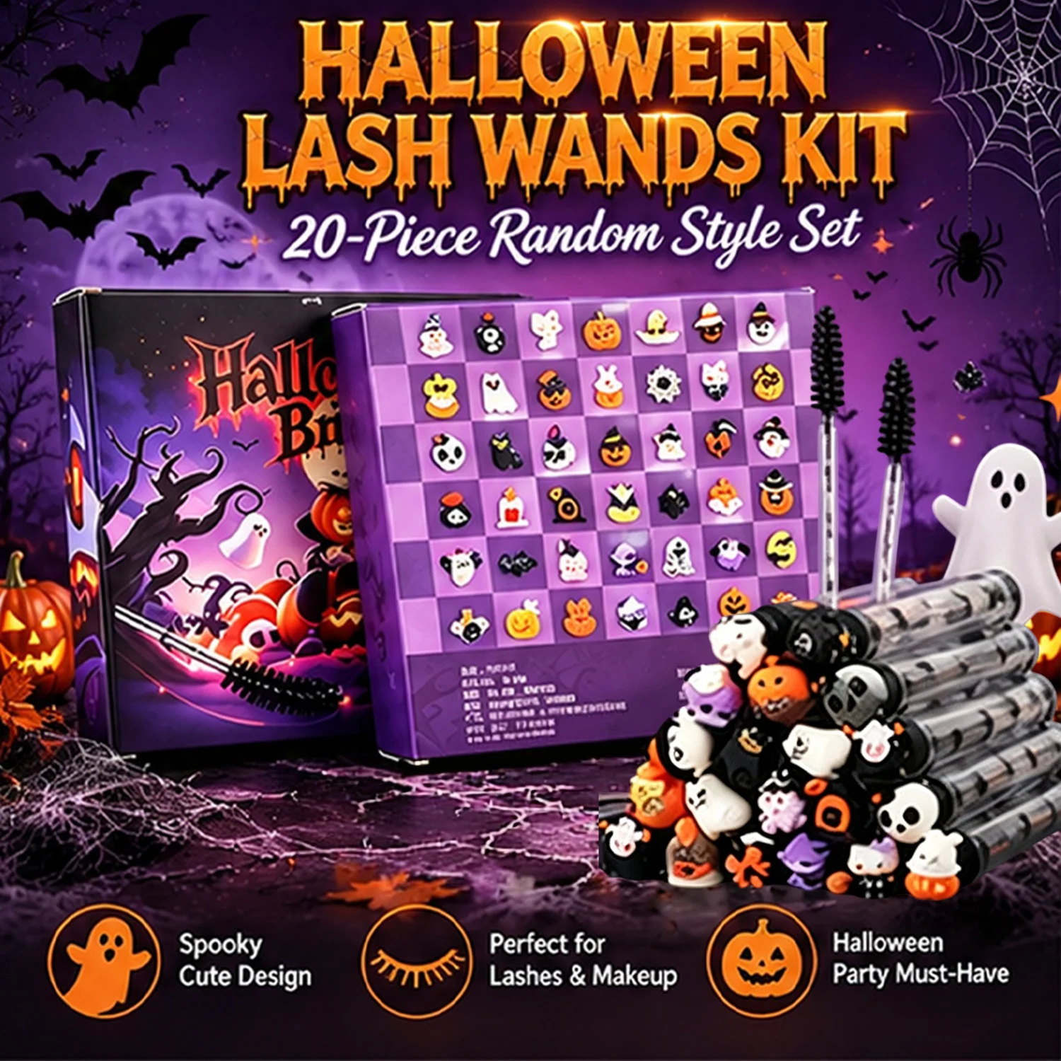 Hot deal: 20Pcs Halloween Eyelash Brush Set Spooky Printed Tube Lash Spoolies Dustproof Mascara Wands Extensions Makeup Gift Party Favors