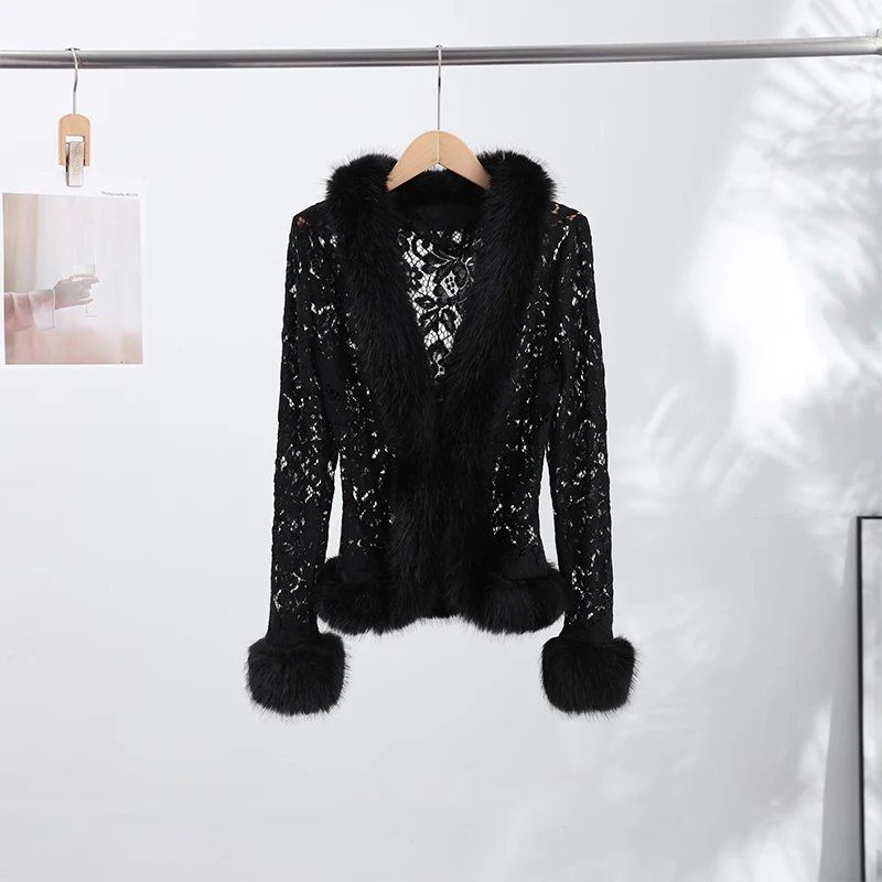 Modischer Wintermantel aus Kunstpelz mit Spitzen-Patchwork und Blumenmuster, Langarm, Damen-Oberbekleidung, Schicke Damen-Streetwear für Partys, Herbst 2026 – Detail 3
