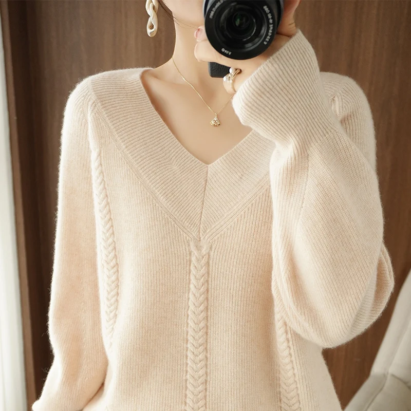 Large size Women's Sweater 100% Wool V-neck Pullover Knitwear Long Sleeve Top New Arrivals Knitted Jumper Cashmere FashionTrends