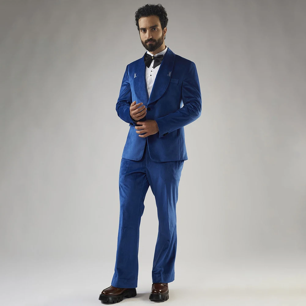 

Blue Velvet Men's Suits Fashion Single Breasted Shawl Lapel Slim Fit 2 Piece Jacket Pants Outfits Daily Male Clothing Blazer