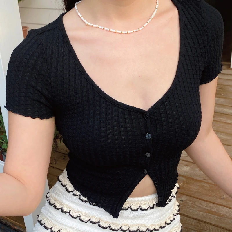 

y2k Vintage Tee Cottage Knitted T-Shirt Summer Square Neck Short Sleeve Tee Shirt Women White Milkmaid Crop Top
