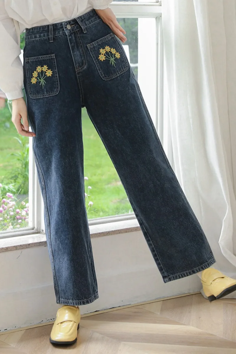 Vintage bestickte Jeans mit hoher Taille Frauen Frühling Harajuku Mode schlanke weite Bein Baggy Jeans hose koreanische lässige weibliche Hose