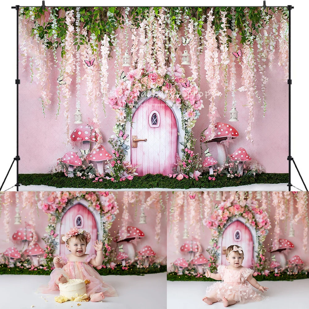 Floral Fairy Door Backdrops Kids Girl Photography Child Baby Spring Garden Butterfly Mushroom Photocall Backgrounds