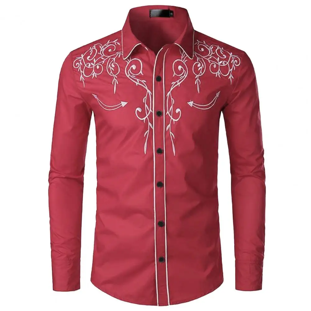 Herrenmode Slim Fit Hemd Western Cowboy Stil Stickerei Freizeithemd Top Langarm Reverskragen Einreiher Hemd