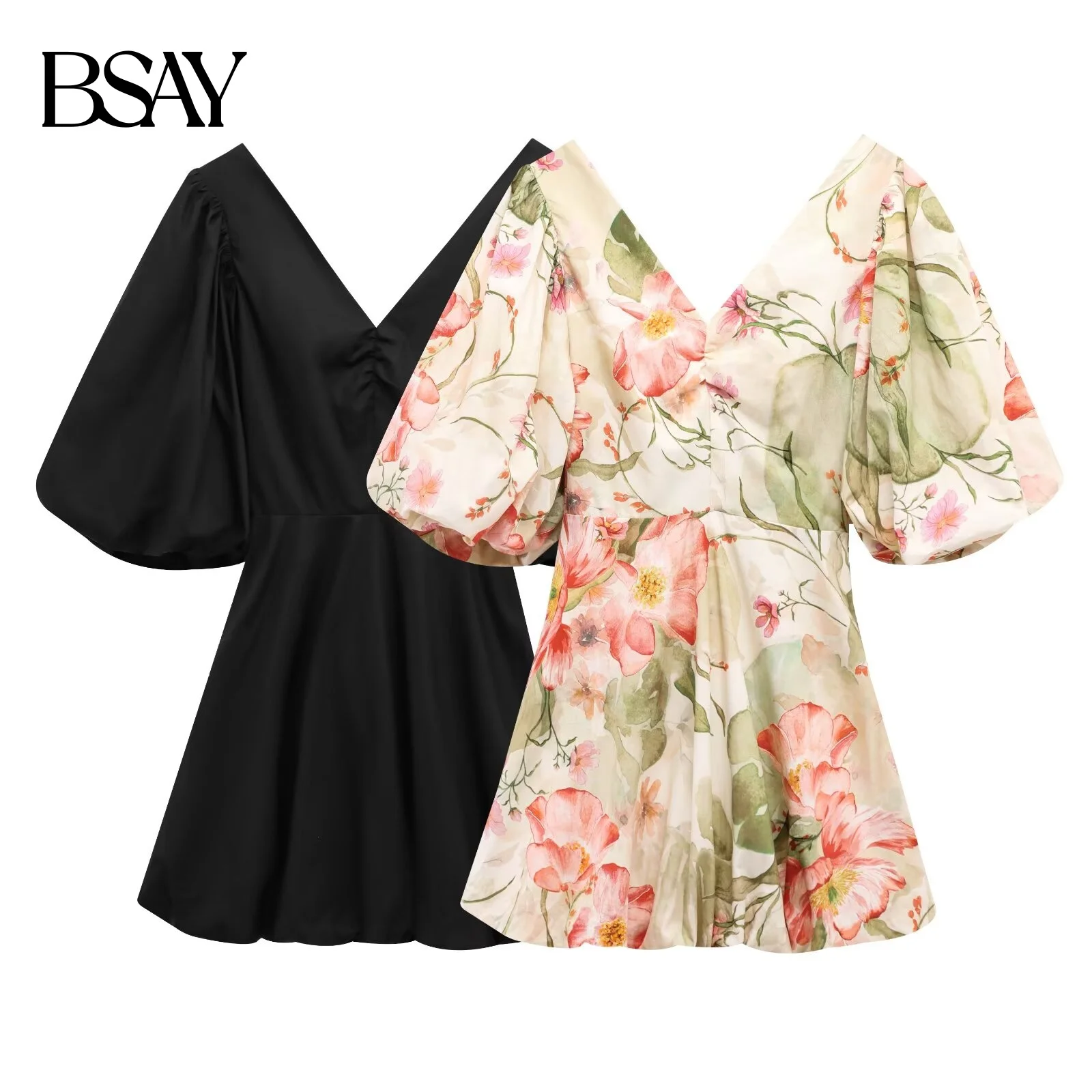 BSAY Kleid für Frauen Mode Sommer Neue Druck Bogen Kurzarm V-ausschnitt Mini Kleider Französisch Chic Weibliche Abend Kleidung