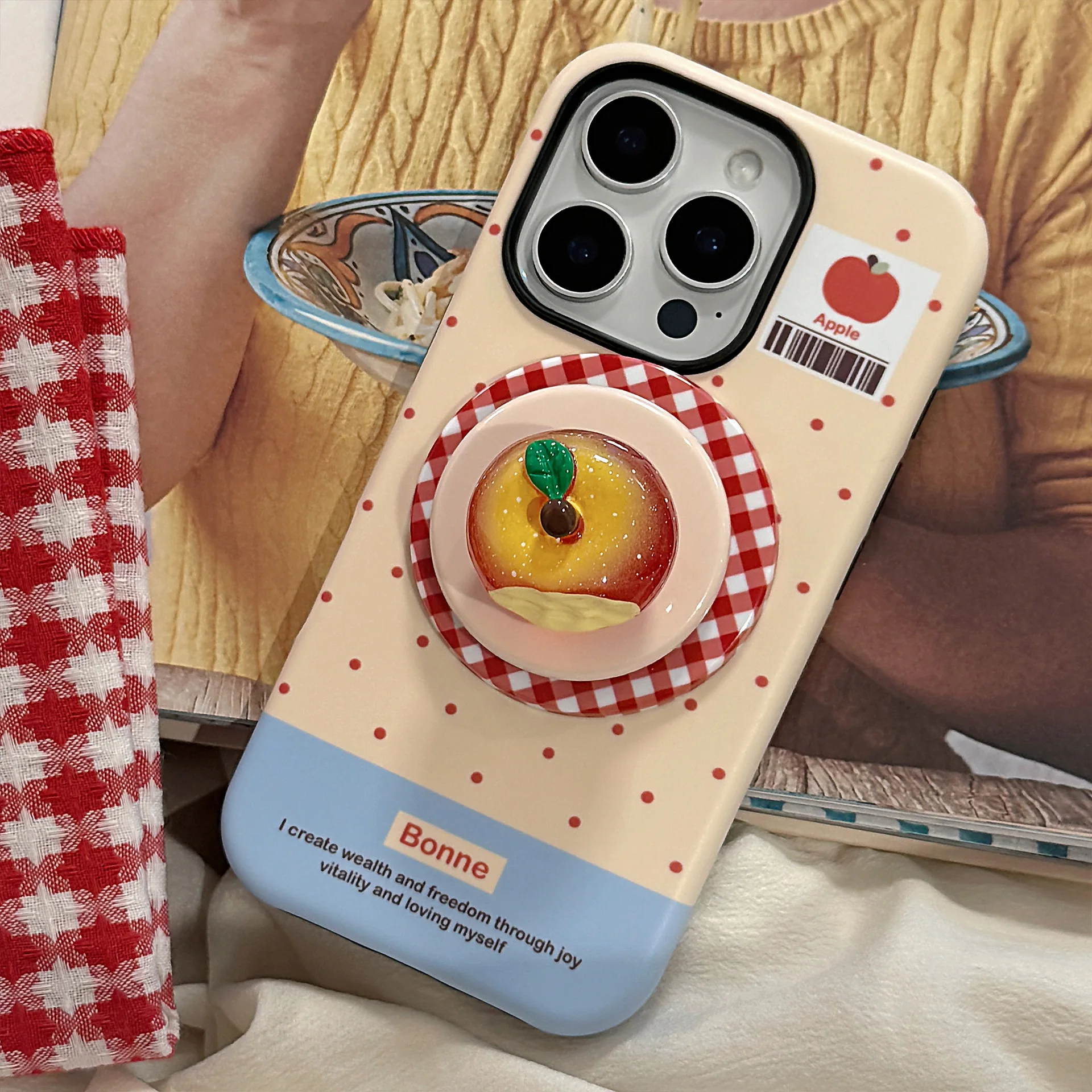 Niedliche Polka Dots 3D leuchtende Kristall-Apfel-Gitter-Halterung, magnetische Handyhülle für iPhone 12, 13, 11, 14, 15, 16, 17 Pro Max, harte Abdeckung