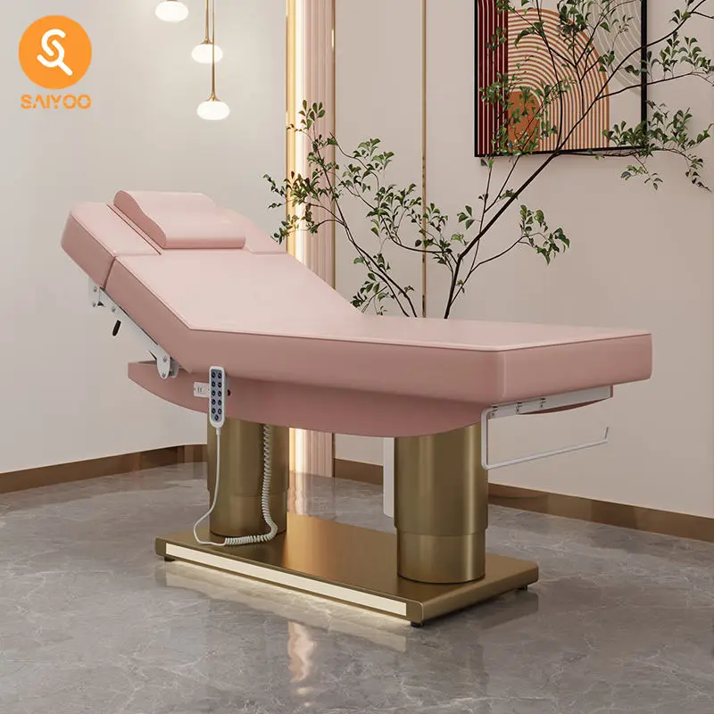 Luxury Pink Folding Electric Massage Facial Table With 4 Motors and Stainless Steel Frame