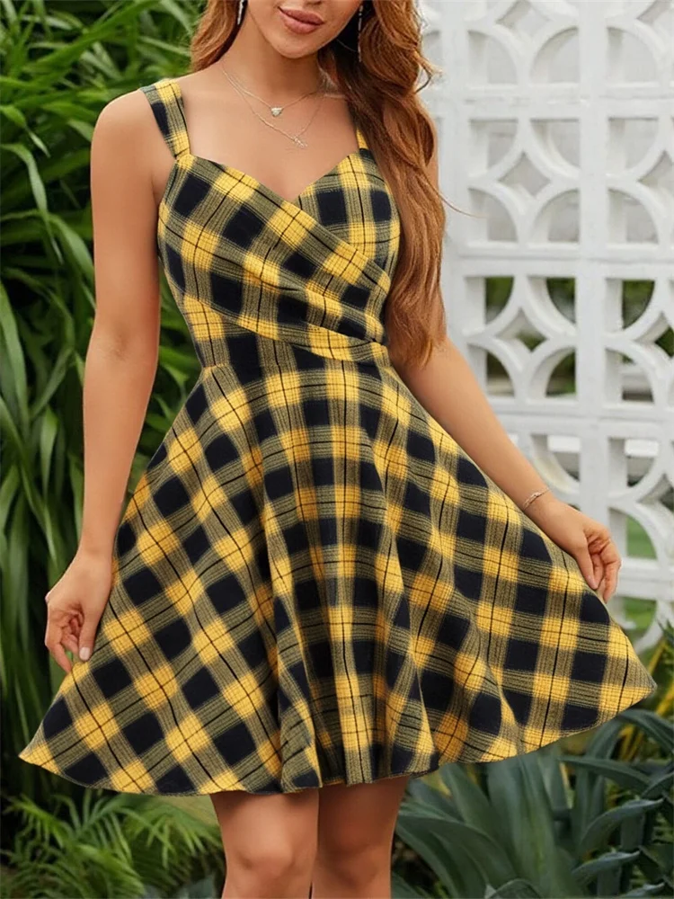 ชุดเดรสสั้นสไตล์ฝรั่งเศสสำหรับงานเต้นรำยามค่ำคืน  สำหรับสุภาพสตรี สไตล์วินเทจยุค 50 ลายสก็อต คอวี ทรงเอไลน์ กระโปรงบานใหญ่ สายเดี่ยว