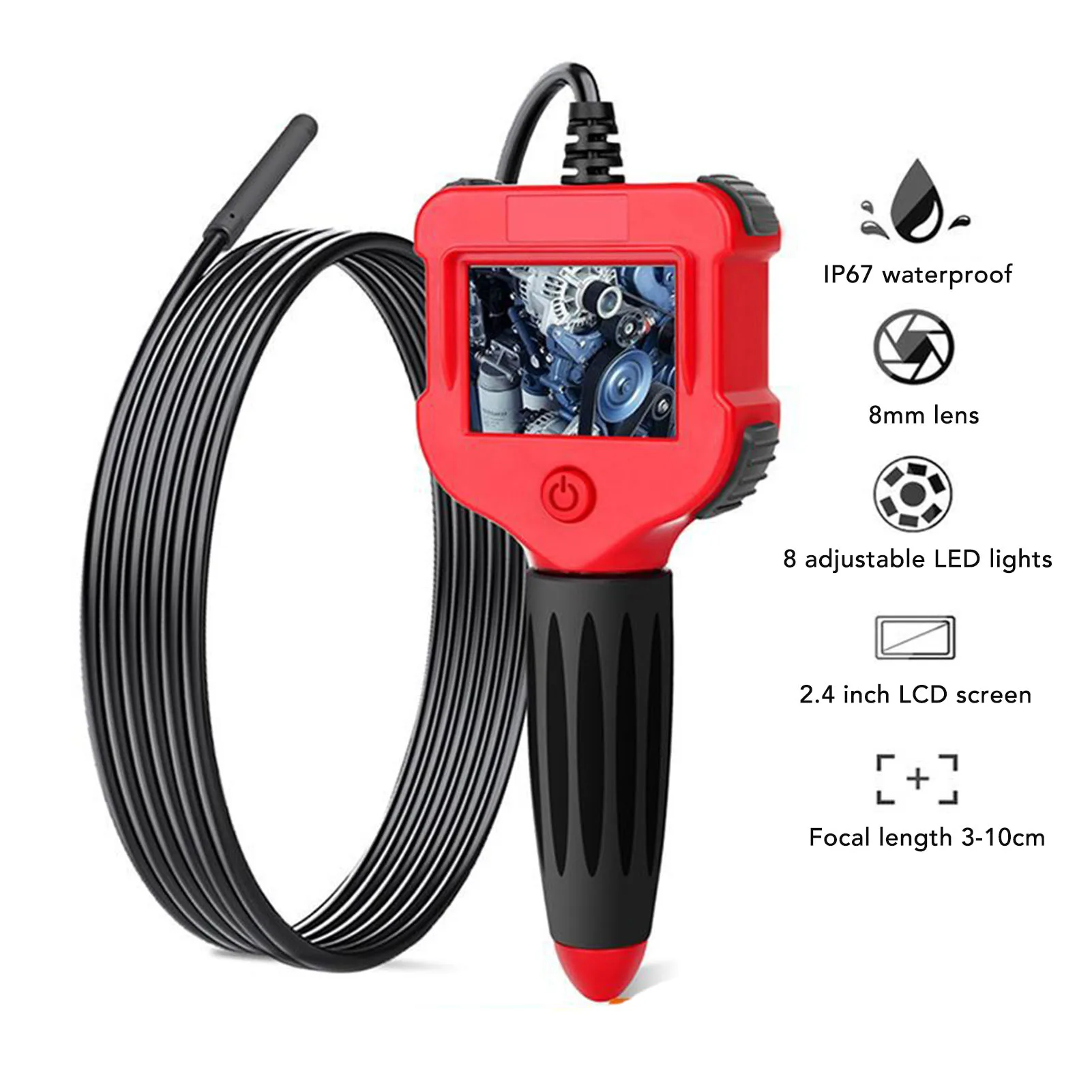 2.4 Inch LCD Handheld Borescope 8mm Lens 1M Hard Wire Camera With 8 LEDs IP67 Waterproof For Car Engine Pipe Inspection Tool