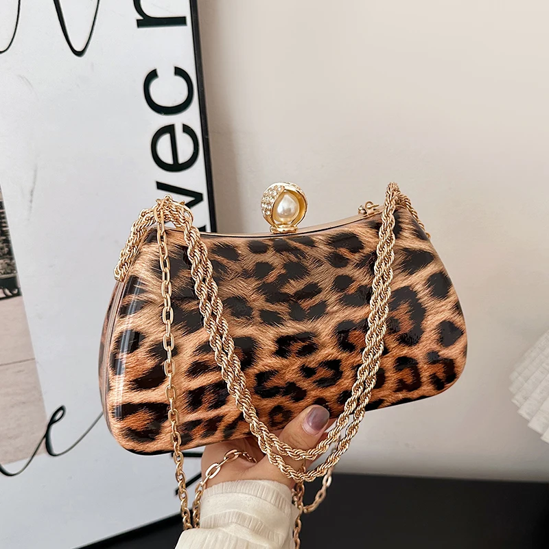 

Chain Clutch Bag Fashion Evening Party Purse Phone Bag Lady Brown Leopard Printing Handbag Small Box Crossbody Bag Ladies