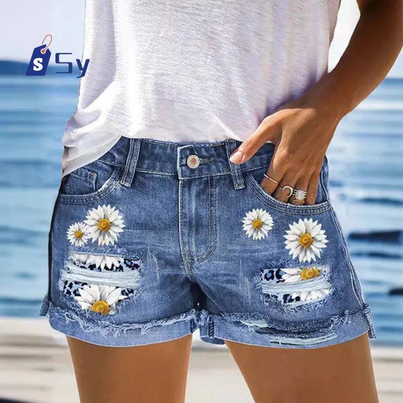 Calça jeans feminina quebrada com remendos, estilo shorts jeans, estampa floral, calça de três quartos, calça rolada casual feminina, mini jeans de