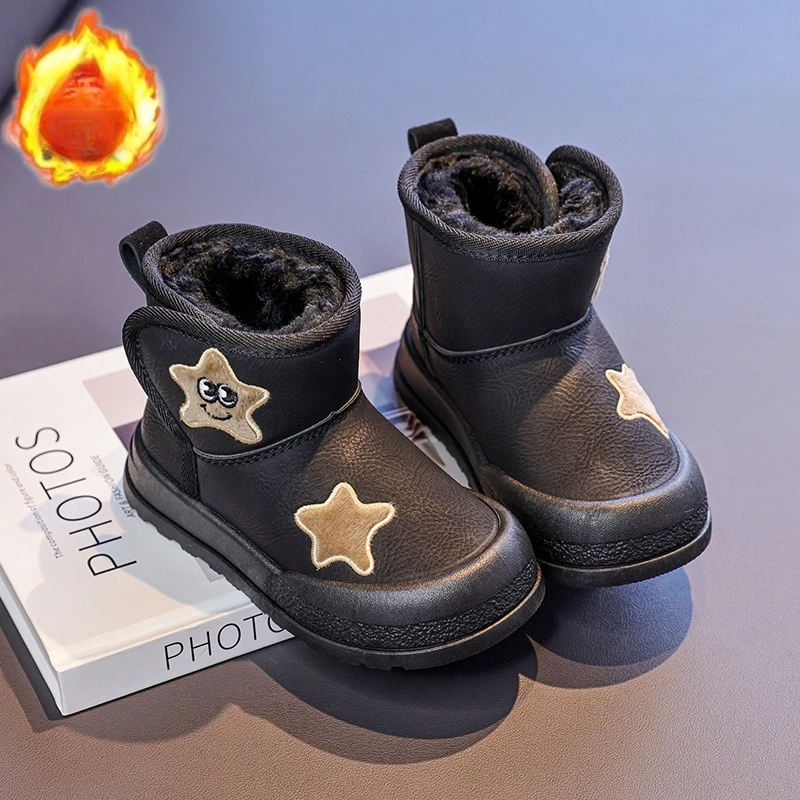 الأطفال أحذية بوت قصيرة أصابع توج لينة وحيد الاطفال الأحذية الجلدية هوك وحلقة 2025 شتاء جديد الفتيات حذاء من الجلد سميكة الفراء لطيف نجوم #3