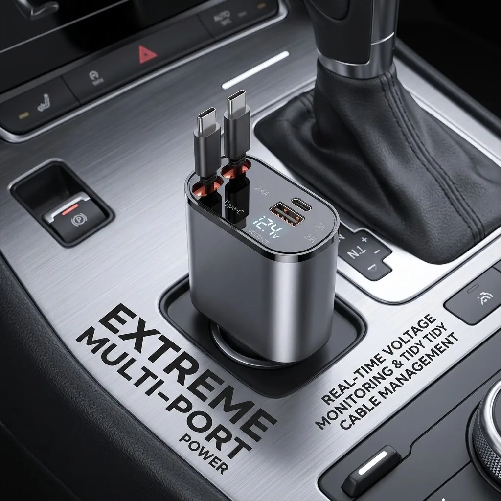 Fast Charging 4-in-1 Retractable Car Charger with 180 Degree Rotation USB C PD Dual Ports and Digital Voltage Monitor For Autos