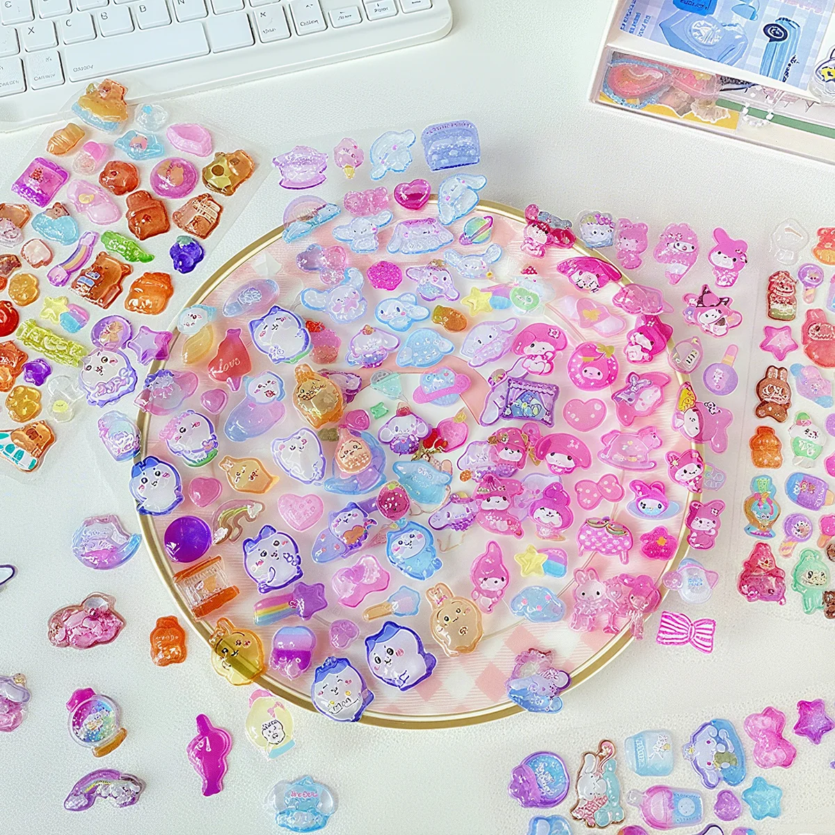 4 Pcs Mix Sanrio Cartoon Stickes Capybara Kuromi 3D Stereo Crystal Sticker Handbook DIY Material Sticker