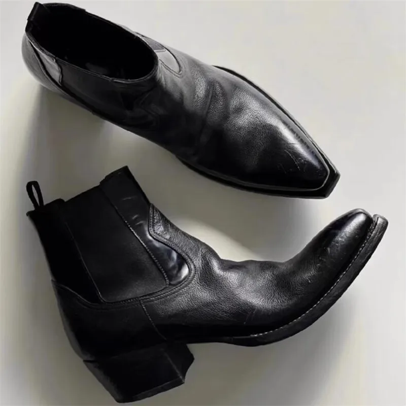 

Fashion Genuine Leather Men Designer Boots Black Man Pointed Toe Ankle Boot