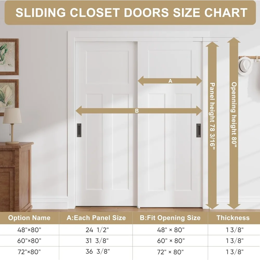 60x80 in Sliding Closet Door, 3-Panel White Primed Bypass Interior Door with Top Track & Floor Guide, Preassembled Doo