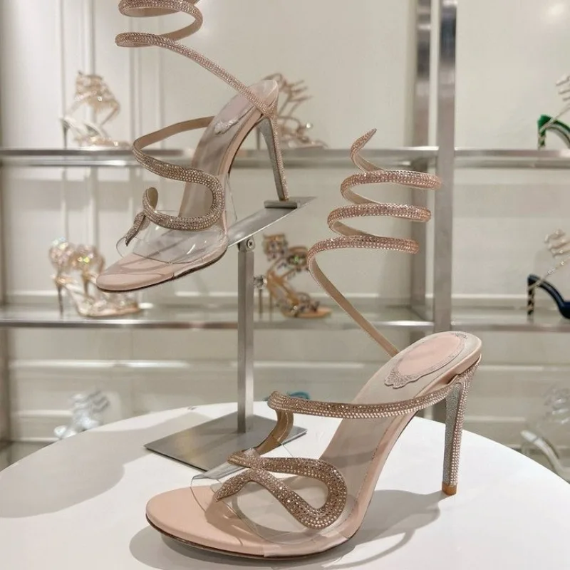 

Summer Sandals Woman Rhinestone Snake Twine Around Ankle Strap Wedding Shoes PVC Crystal High Heels Gladiator Sandals Women