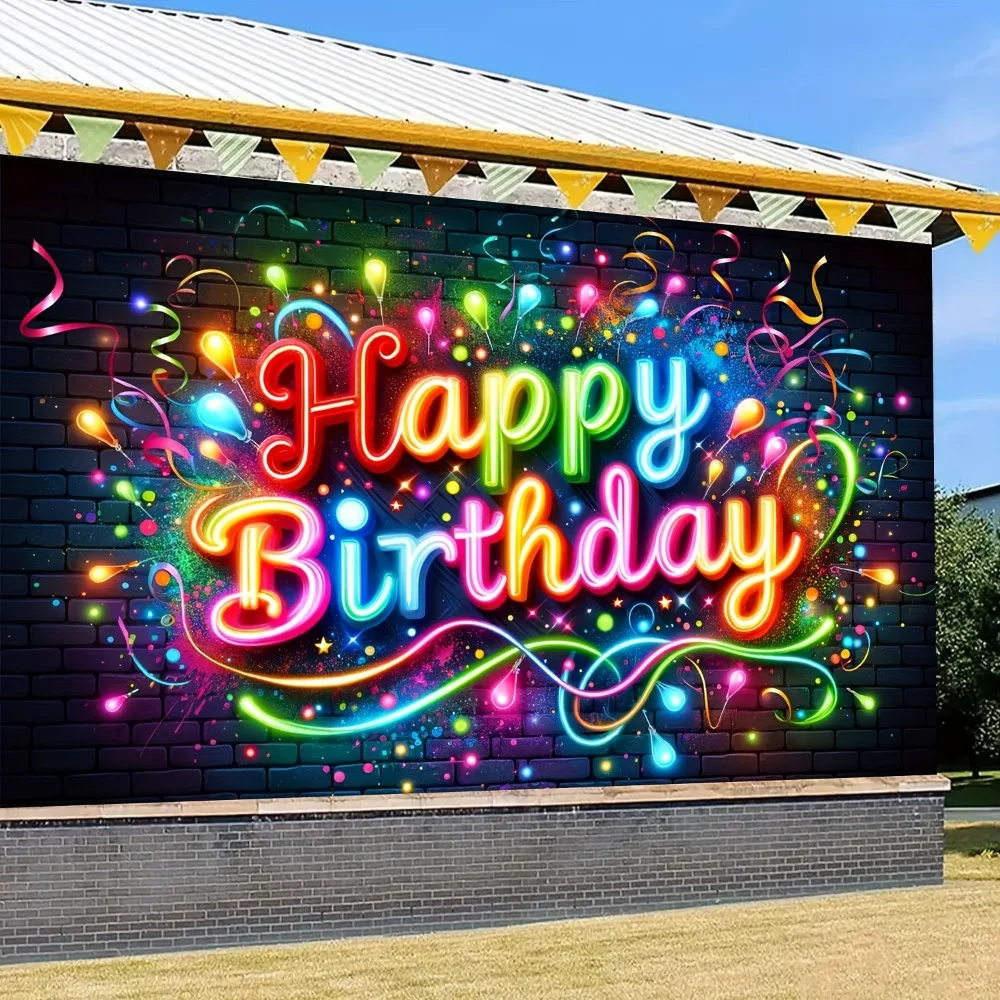 Happy Birthday Neon Graffiti Banner - Polyester party background, suitable for photo booth, teen hip hop cool theme decoration