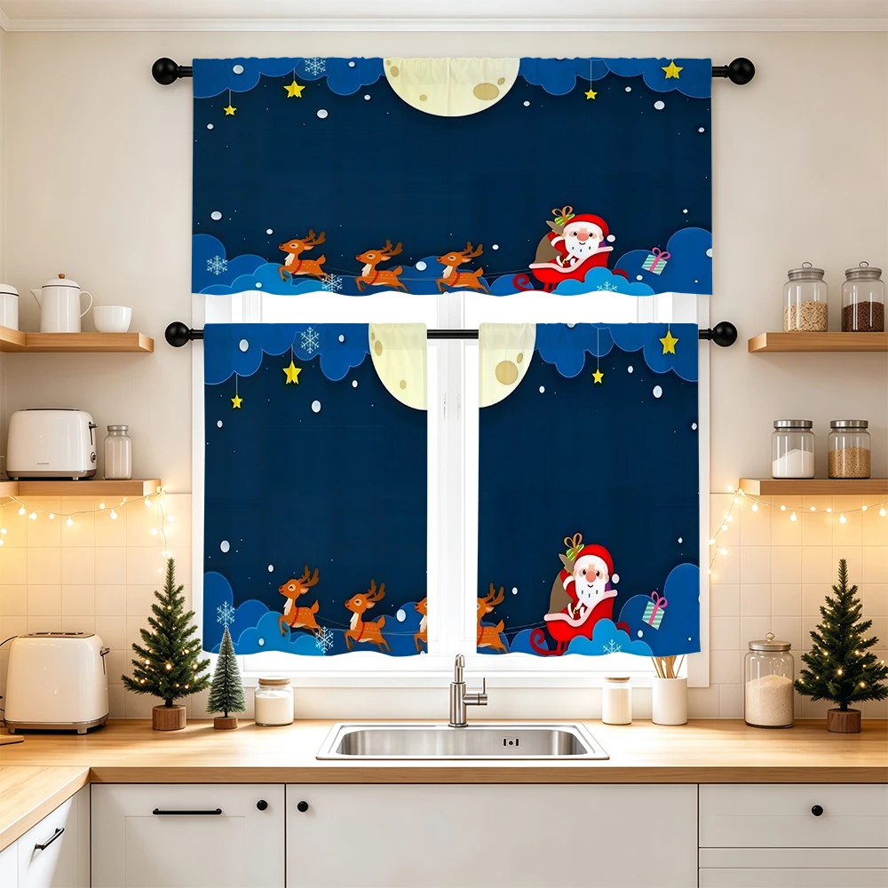 Christmas Kitchen Curtains, Santa Reindeer Sleigh Moon, Digital Print, Kitchen Dining Room, Rod Pocket Polyester, Home Decor