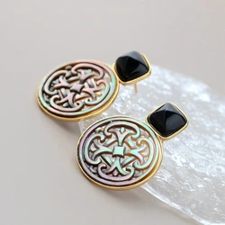 Natural Pearl Shellfish 18K Gold Plated Earring Inlaid Black Agate 925 Sterling Silver Earrings Female Fashion Fine Jewelry Gift