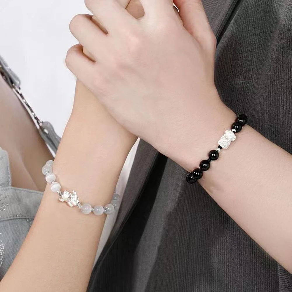 2 PCS Opal Pixiu Bracelet Couple Black and White Bejewelled Chain Light Luxury Design Valentine's Day Birthday Gift for Women