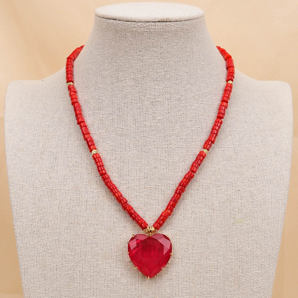 GG Natural Red Coral Wheel Gems Necklace Red Quartz Heart Shape Stone Pendant Charm Choker Necklace Pendant Jewelry Gifts