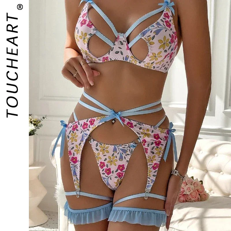 Toucheart Sexy Floral Bra Underwear Set For Women Bow Knot Lace Up Decorate Lace Patchwork Sexy Lingerie Hollow Out Garters Suit