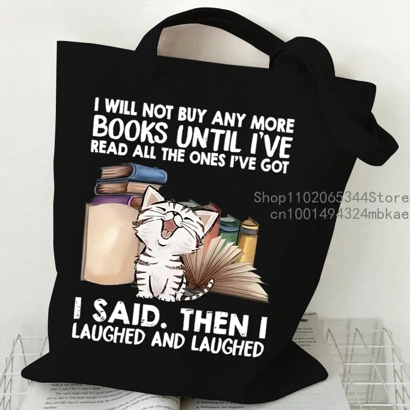 Canvas Tote Bags Cartoon Cat and Books Women\'s Shoulder Bag Wild Flower Book Club Shopping Bag Animal Kitten Bookworm Handbag