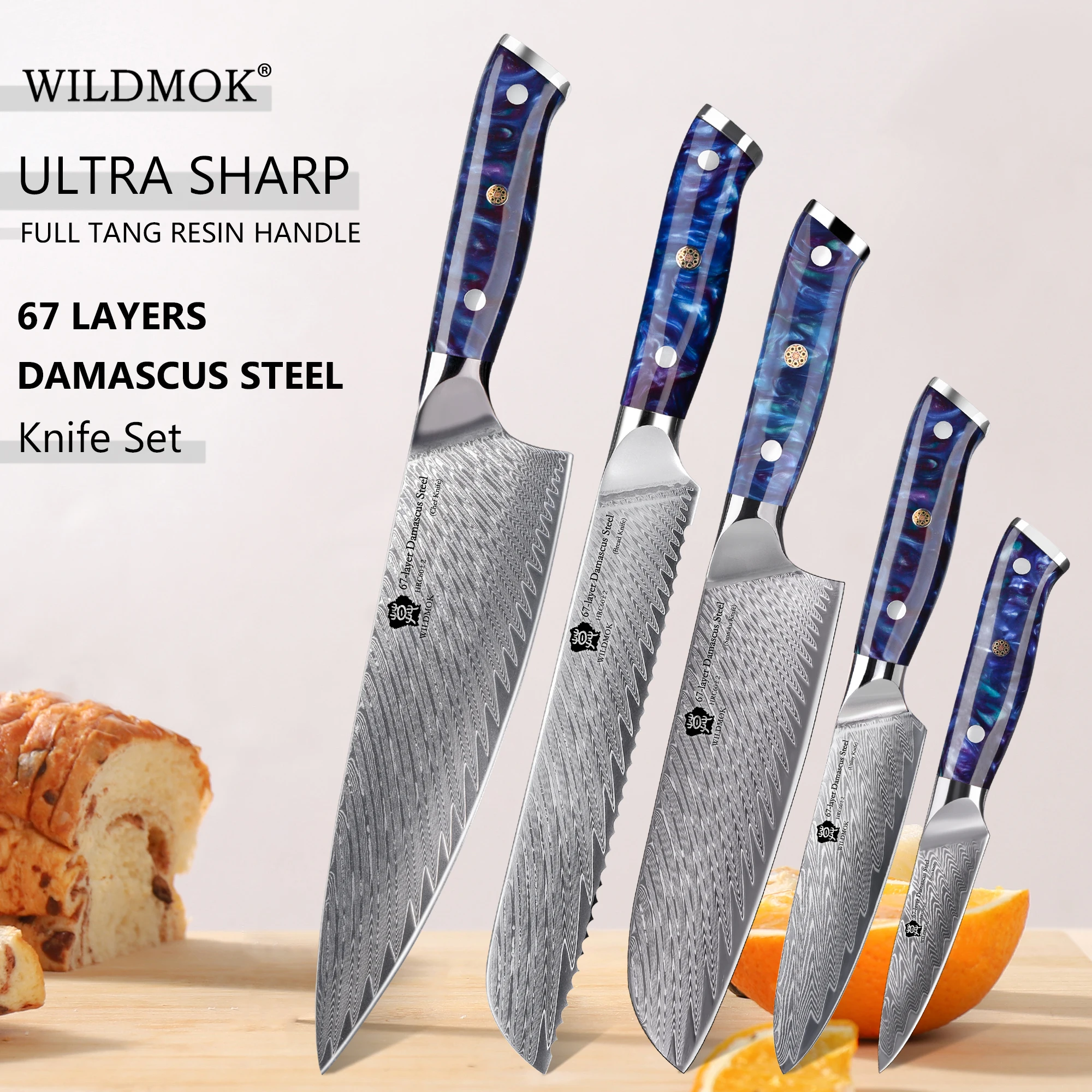 WILDMOK Professional 5 Knives Set ,67 Layer Forged VG10 Damascus Steel, Well-Balanced Comfort Resin Handle Restaurant & Home Use