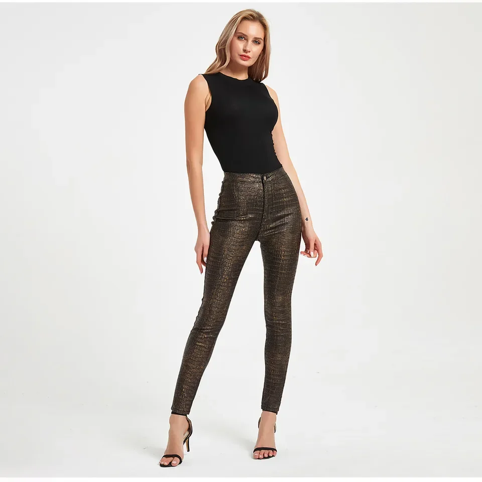 Trendy Ankle Length Fall Trousers For Women Fashion Tight Height Waist Pu Coated Pants Sexy Little Feet Print Pants Women 가을옷