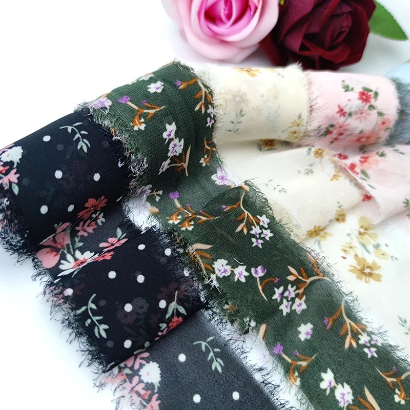 Printed Flower Silk Chiffon Ribbon Wedding Hand Torn Raw Edge Rural Wind Snow Spun Small Fresh Bouquet Ties Broken Tassel Ribbon