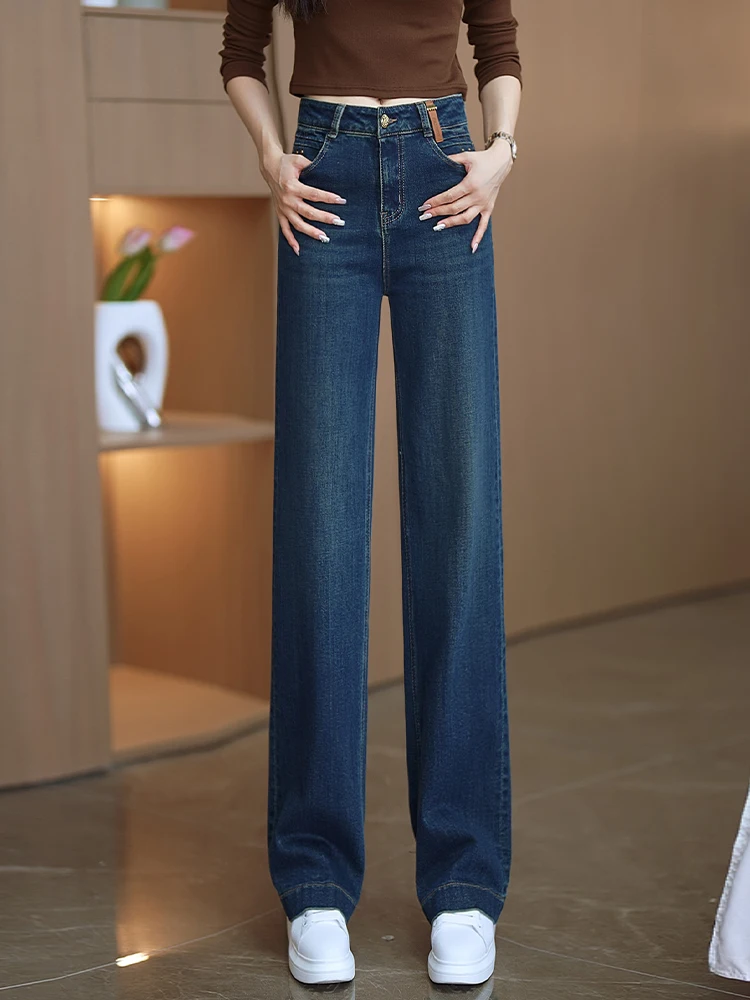

Retro Slim Wide Leg Denim Jeans Women's Spring Autumn High Waist Loose Long Pants Straight American Style Trousers
