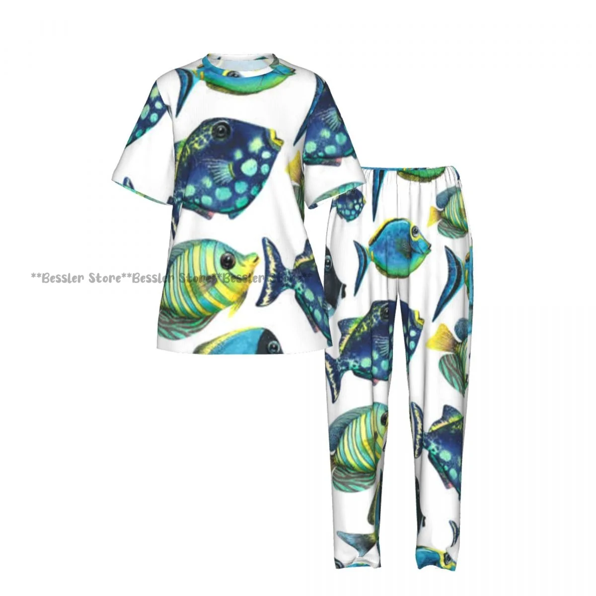 Women's Comfort Pajamas Women's Tropical Fish- Watercolor Short Sleeve Set Sleepwear