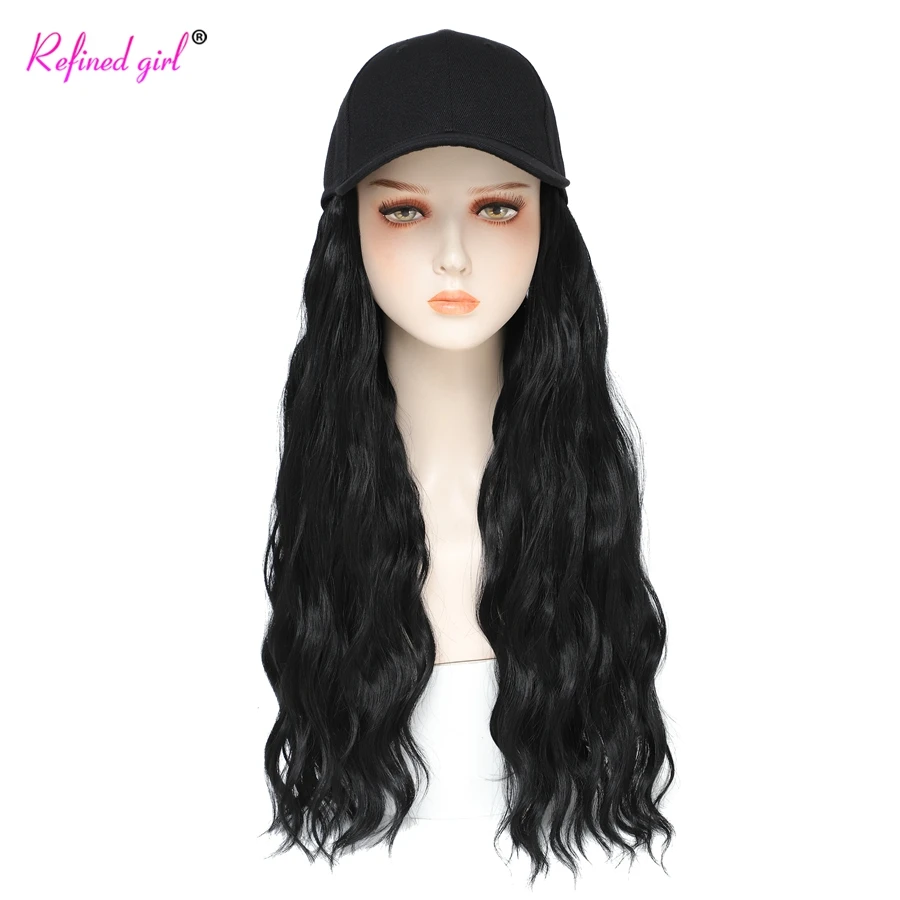 Synthetic Wavy Wig Baseball Cap with Natural Wave Hair extensions Easy Wear Hat Wigs Adjustable for Black White women girls