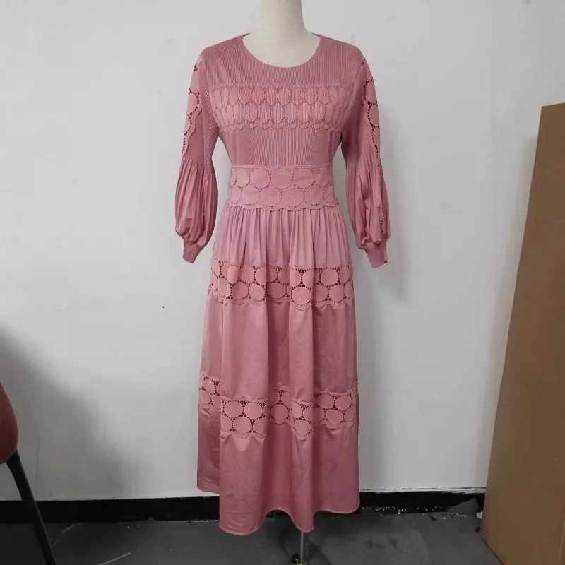 ミヤケプリーツプラスサイズドレス2025ファッションホローレースルーズ気質エレガントレディース秋新作ロングスカート婦人服