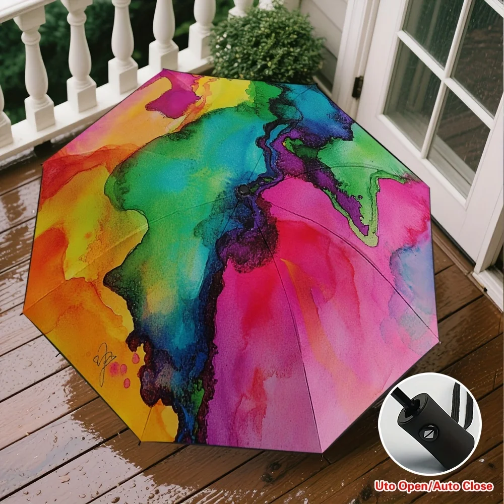 

Open/Close Mini Travel Umbrella with Van Gogh-Inspired Starry Night Watercolor Design - 8-Rib Compact Folding Parasol, & Windp