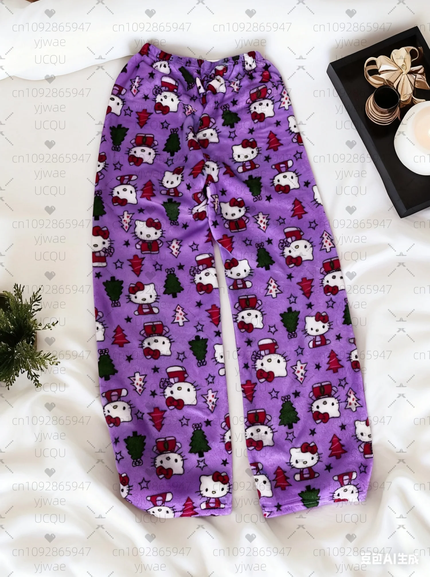 2025 inverno calças de pijama feminino olá kitty árvore de natal calças de pelúcia-solto cor bloqueando calças de pijama roupas femininas