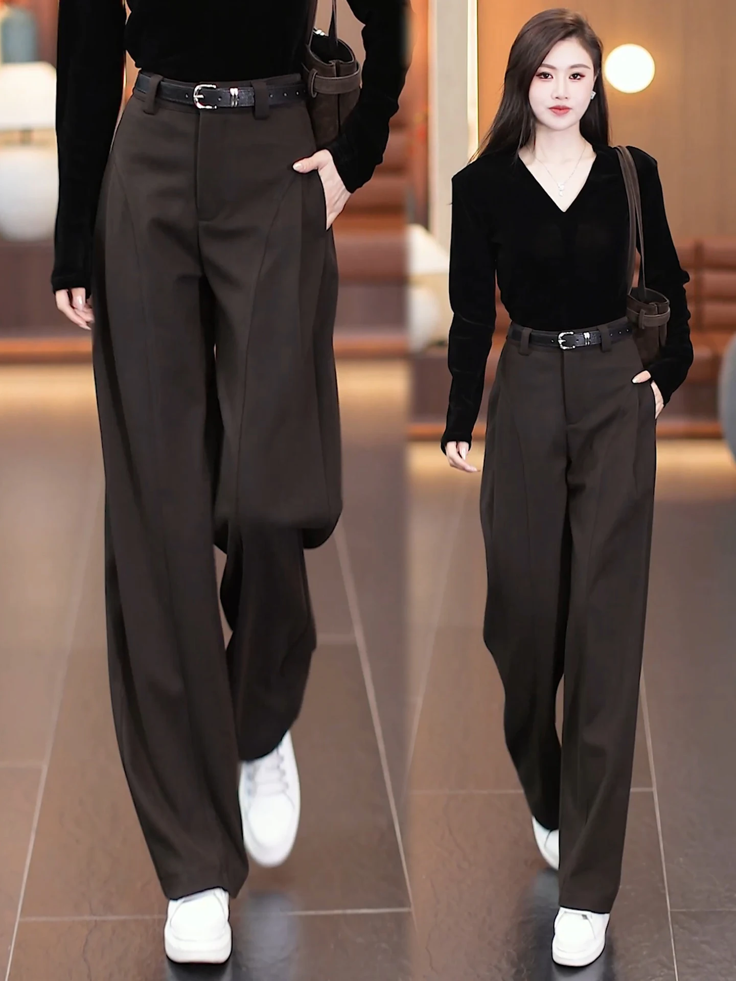 

High Waist Slimming Casual Wide Leg Knife Pants Women's Autumn Winter New Style Popular Cozy Woolen Pleated Skirt Pants