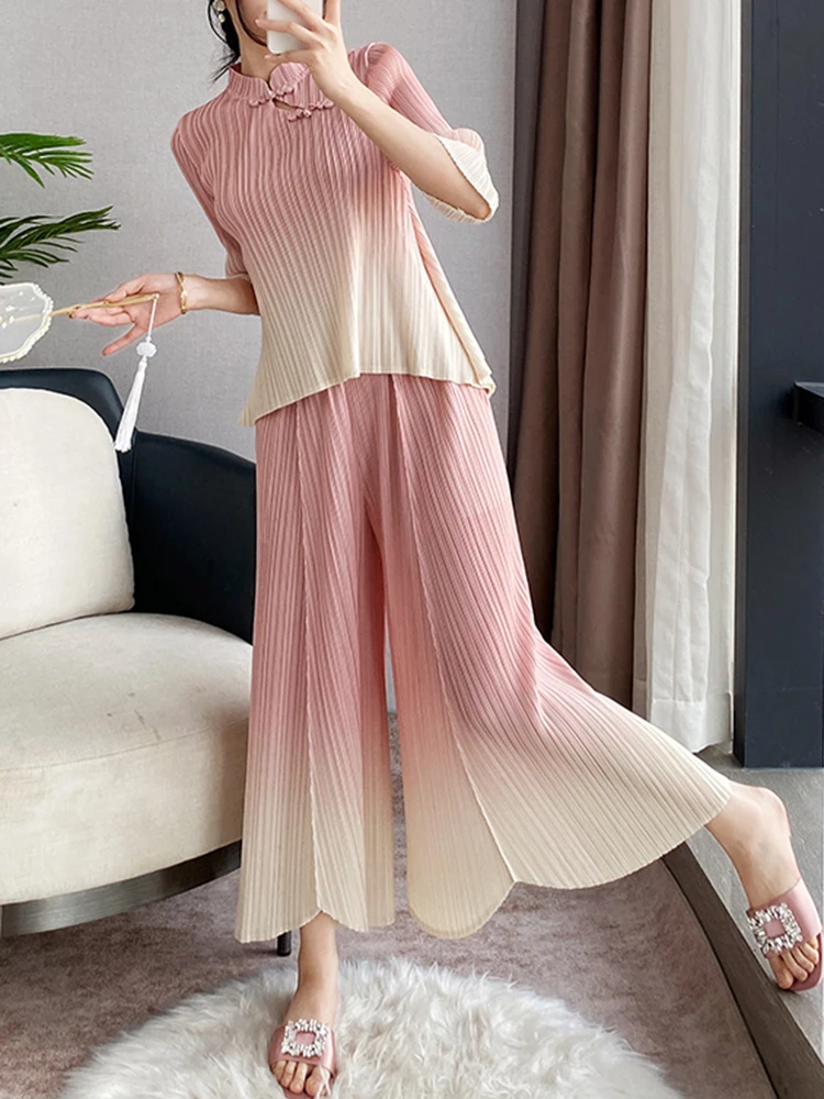 GVUW Pleated 2 Pieces Set Women Gradient Color Loose Stand Collar Top + Wide Leg Trousers New Summer 2024 Clothing Lady 17G5966