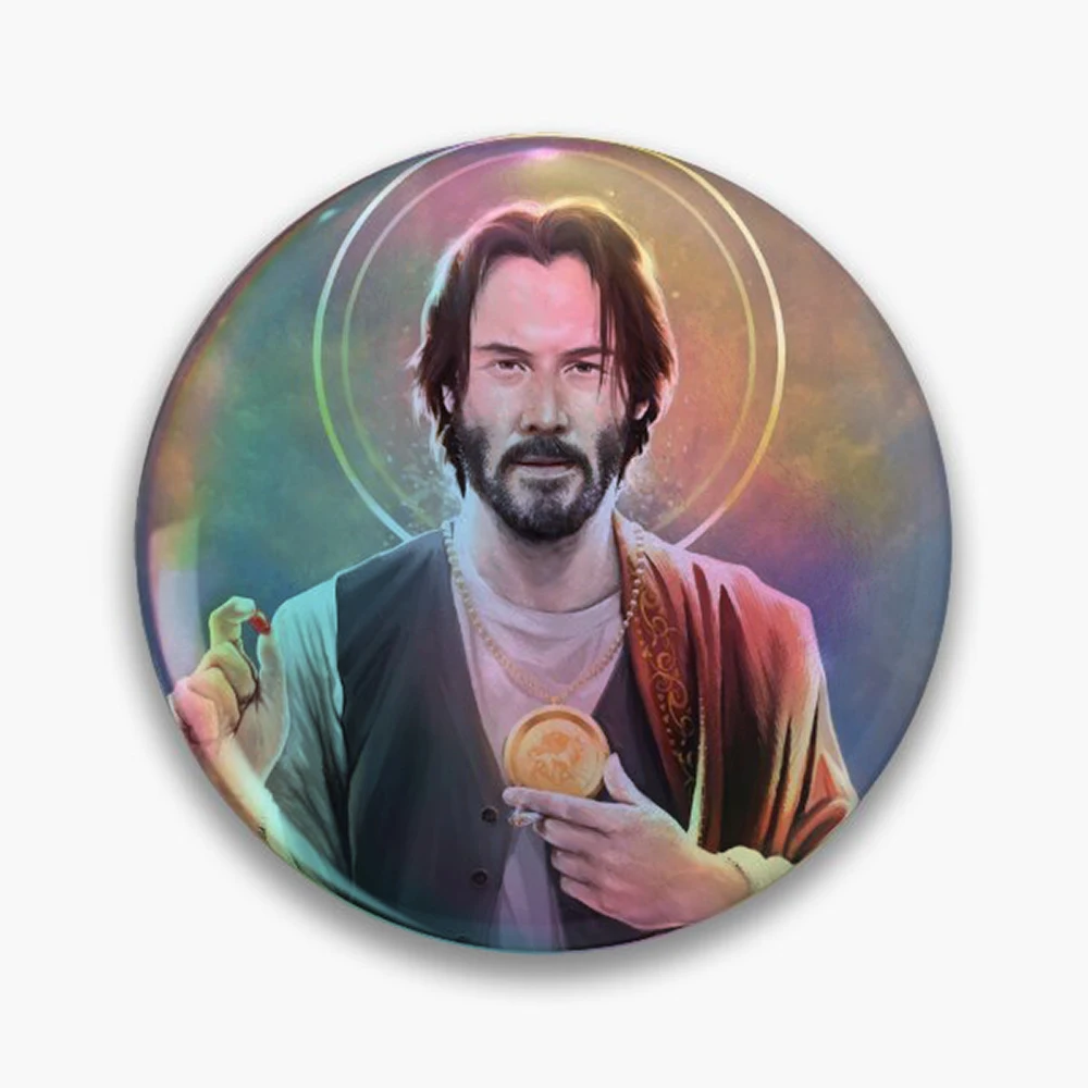 Keanu Reeves, Saint Keanu of Reeves, Keanu Reeves Original Religious Painting Pin Holographic Star Heart Pin Brooches Laminated