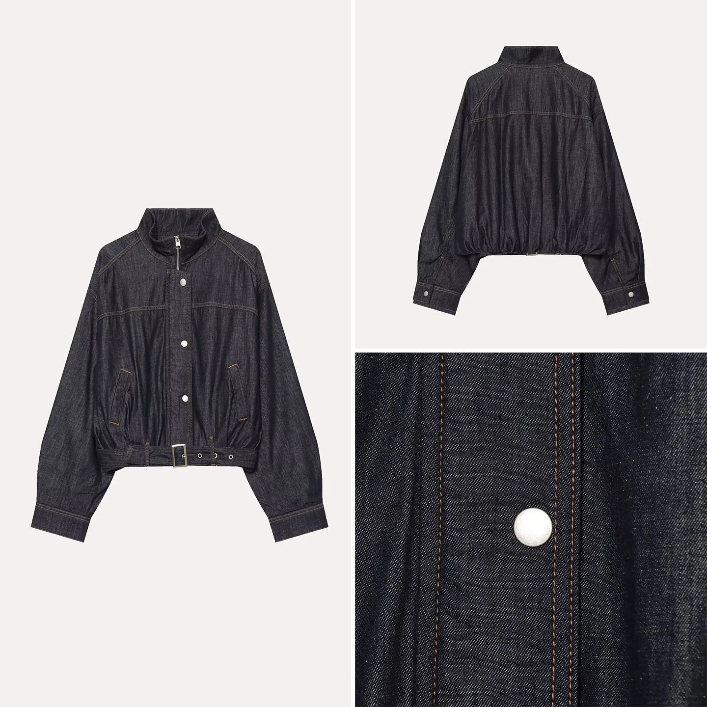 Women's Fashion Long Sleeve Stand Collar Button Waist Tie Floral Denim Jacket Casual Style Loose Fit Regular Length Button Cl...