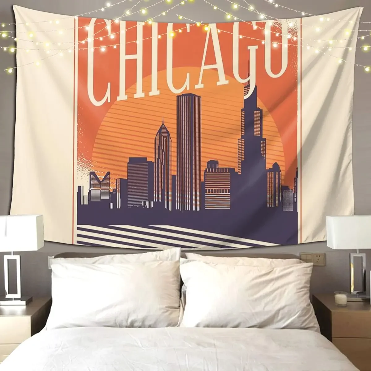 Chicago City Skyline With Retro Sun Tapestry Funny Wall Hanging Aesthetic Home Tapestries for Living Room Bedroom Dorm Room