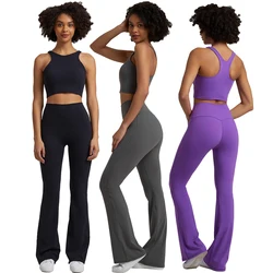 Naked Feel Yoga Set Workout Outfit for Women 2 Piece Padded Racerback Crop Top High Waist Flare Leggings Sets Gym Clothing