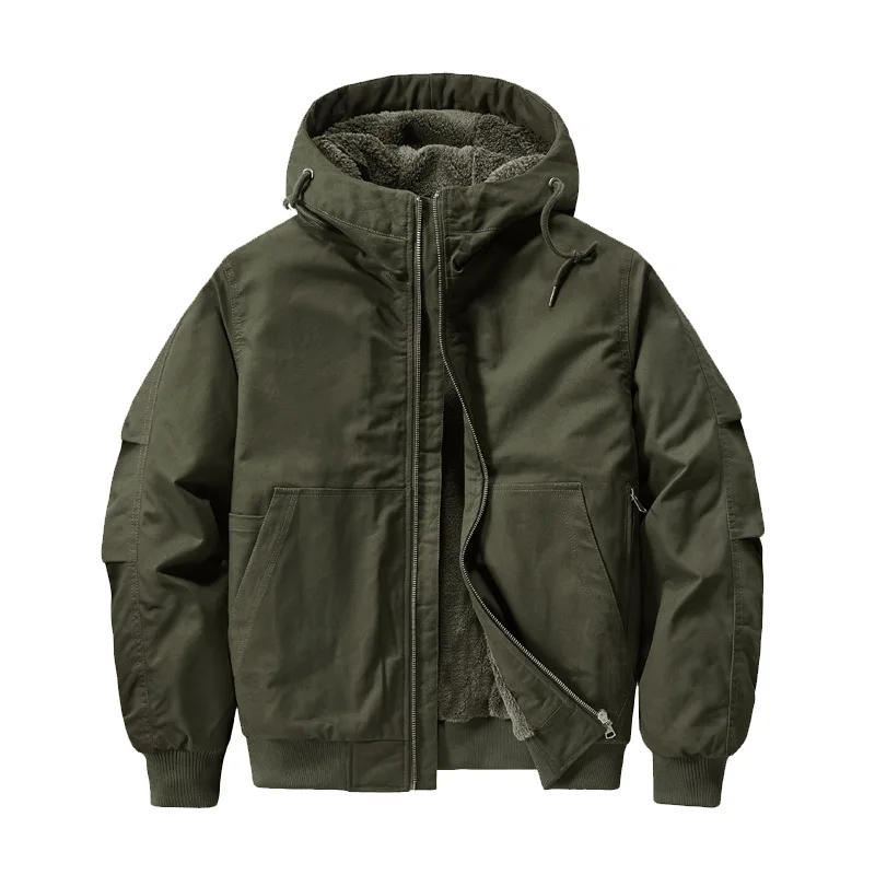 Men Army Green Black Khaki Solid Color Daily Casual Trendy Hooded Zipper Parkas Autumn Winter New Fashion American Style Coats