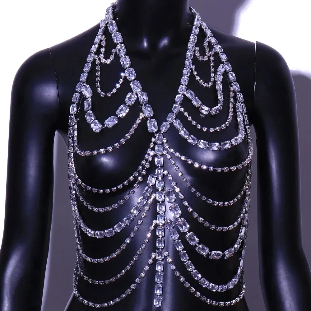 Stonefans Exaggerated Large Rhinestone Body Chain Jewelry Halloween Carnival Costume Crystal Chest Chain Lingerie Rave Outfits