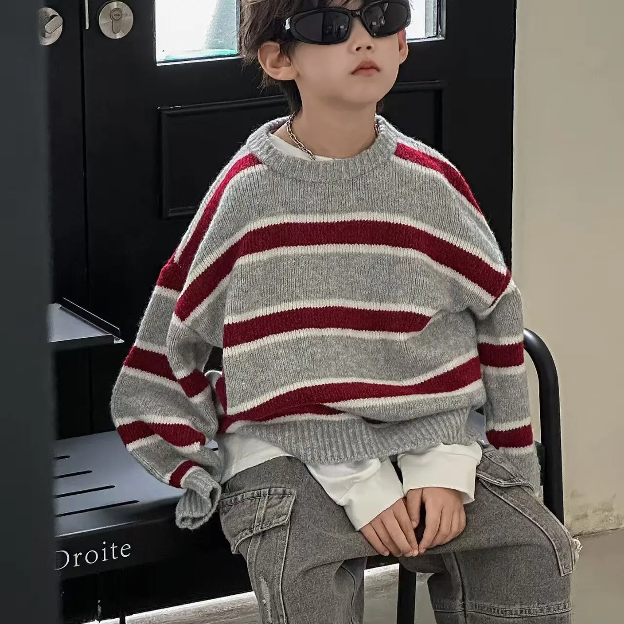 

2026 New Boys' Winter Trendy Cool Striped Sweater Children's Casual Knitted Sweater Boys' Fashionable Versatile Top