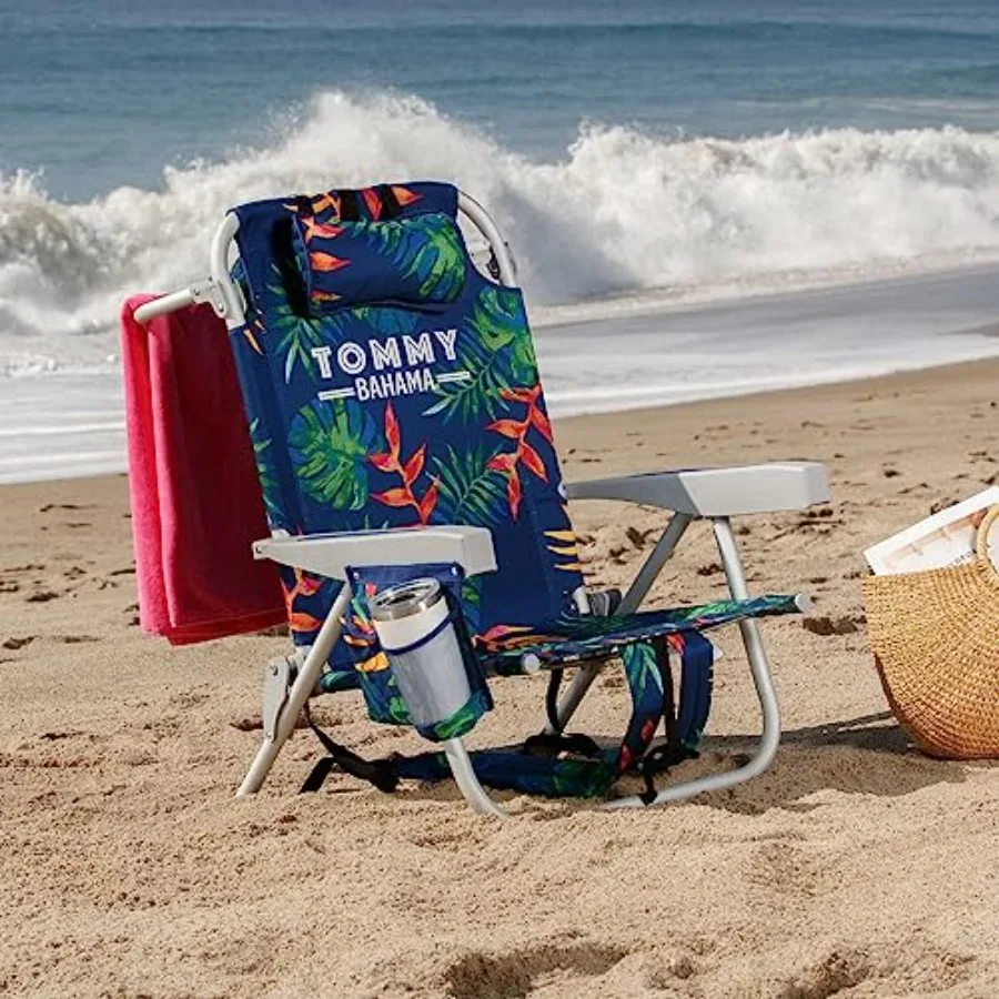 5 Position Beach Chair for Outdoor Use, Durable Polyester Fabric, Green Leaves Pattern, Lightweight and Adjustable with Ergonom